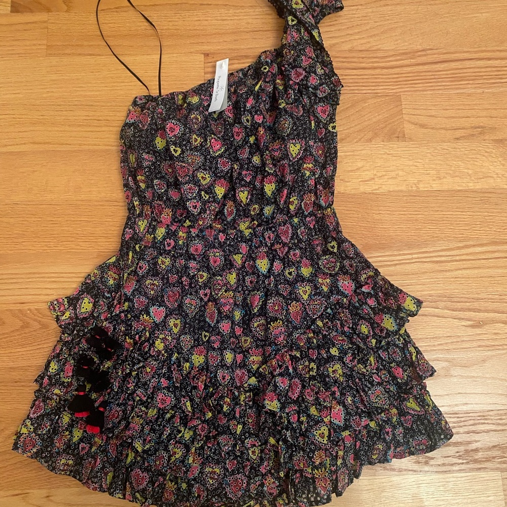 Poupette St. Barth Black Dress with Pink and Yellow Floral Pattern